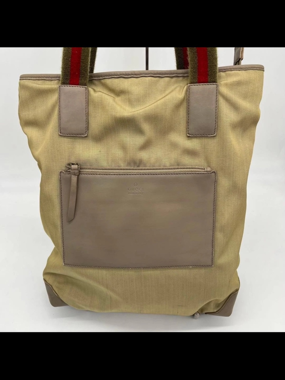 Gucci Beige Canvas Tote with Taupe Trim and Red-Green Straps